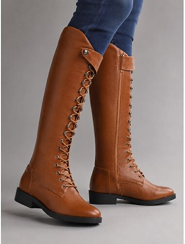  bottes à lacets marron pour femmes jusqu'aux genoux - bottes d'équitation en similicuir de style vintage pour l'automne et l'hiver