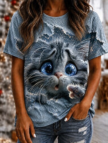  Pentru femei Tricou Bloc de Culoare Imprimeu Grafic Animal Pisica Epocă Stilat Clasic Manșon scurt Stil Nautic Rotund Topuri obișnuite Casual Zilnic Alb Culoare ecran Vară Primăvară Toamnă Iarnă