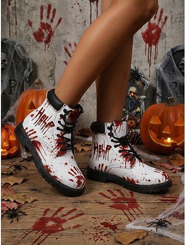  Bottes de combat pour femmes, imprimées d'éclaboussures de sang, style Halloween, bottines lacées blanches et rouges à motif graphique avec semelle antidérapante, idéales au quotidien ou pour une