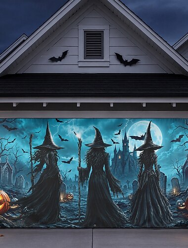  halloweeni garázsajtó fedél nagy kültéri halloweeni háttér dekorációk boszorkány éjszaka raveyard telihold transzparens udvar dekoráció