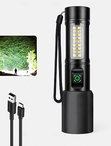  Lanterna laser branca recarregável via USB, lanterna tática portátil de alumínio com foco ajustável, bateria 18650 de 1200mAh, à prova d'água e com zoom, ideal para camping, trilhas, emergências e uso