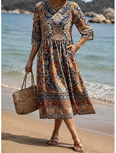 Dames Halflange jurk Hemdjurk Zonnejurk Vakantie Casual Boho Strand Uitgaan Zomerjurk Normale pasvorm Bloemig Grafisch 3/4 mouw Ronde hals Bruin Zomer Lente