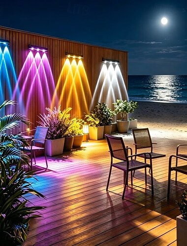 Conjunto de 4 luminárias solares de parede com 3 LEDs RGB, refletores à prova d'água para uso externo, ideais para iluminação decorativa de casas, garagens, varandas, quintais e cercas.
