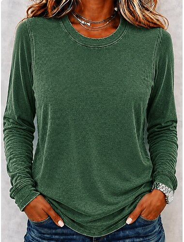  نسائي 100% Cotton تي شيرت مغسول غسيل حمضي غسيل عتيق لون الصلبة عتيق موضة أنيق كم طويل الأكمام راجلان رقبة عالية مدورة قمصان عادية فضفاض شاطئ أزرق أخضر رمادي الصيف الربيع
