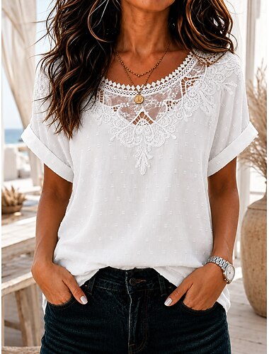  Dame Bluse Blonde topper Blonde عادي Elegant Stilfull Kortermet Crew-hals Vanlige topper Avslappet Daglig Ferie Hvit Sommer Vår