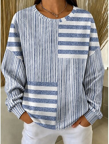  Mulheres Moletom Imprimir Gráfico Listrado Casual Manga Longa Gola Redonda Tops regulares Casual Azul Primavera Outono Inverno