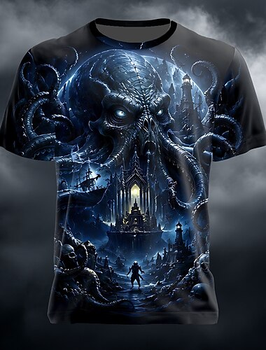  Halloween Herren Schädel Oktopus Burg T Shirt Kurzarm T-Shirt 3D-Druck Rundhalsausschnitt Hemd Übertrieben Gotisch Straße Dunkle Party Blau Rote Grün Ganzjahres Bekleidung S M L XL XXL XXXL