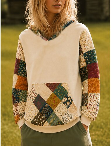  Dam Pullover Hoodie Sweatshirt Mönster Framficka Blommig Grafisk Ledigt Boho Långärmad Huva Vanliga toppar Ledigt Gata Vardag Aprikos Vår Höst Vinter