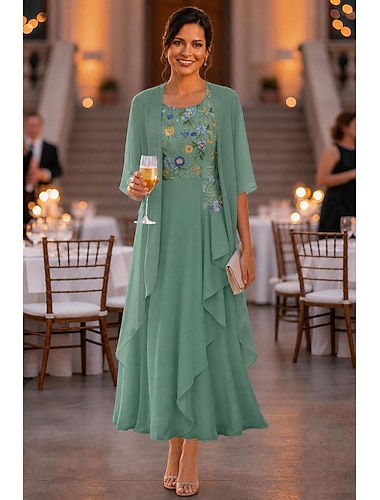  Todelt A-linje Ankellengde Kjole til brudens mor Ermeløs Halvlange ermer Øsehals Elegant Enkel Fritid Formell Bryllupsgjest Chiffon Blonder med Broderi Appliqué Fallende drapering