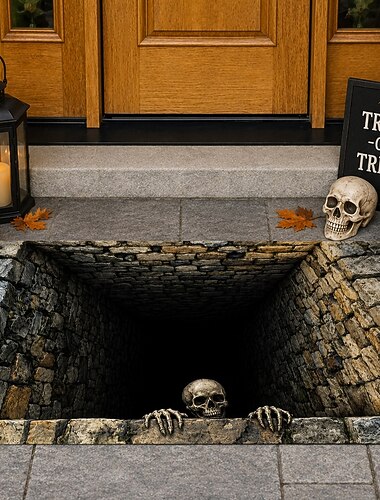  Zerbino di Halloween con illusione ottica 3D, scheletro, pozzo, zerbino per la porta d'ingresso, fossa di pietra profonda, teschio, tappeto per interni ed esterni, spaventosa decorazione di Halloween
