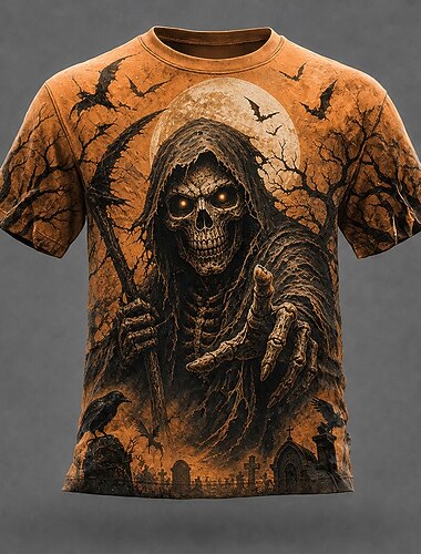  Halloween Herren Schädel Optische Täuschung T Shirt Kurzarm T-Shirt 3D-Druck Rundhalsausschnitt Hemd Übertrieben Designer Horror Club Party Straße Orange 3 Orange Orange 2 Sommer Frühling Ganzjahres