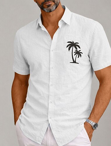  Hombre Camisa de lino Camisa minimalista Aloha Camisa de verano Camisa casual Abotonar la camisa Árbol de coco Casual Playa Blanco Azul cielo Caqui Azul Oscuro Manga Corta Diseño Verano Ropa