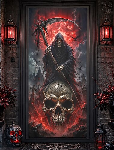  Cubierta de puerta de Halloween, pancarta de la Parca, calavera gigante, luna roja, guadaña, cementerio, terrorífico telón de fondo para puerta principal, porche, casa embrujada, decoración para