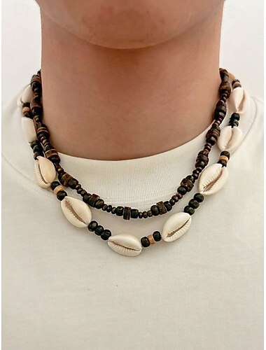  Heren boho strand gelaagde ketting, houten kralen &Dubbele schelpenketting voor zomervakantie, resort, festival, casual reizen, kustsurferstijl sieraden