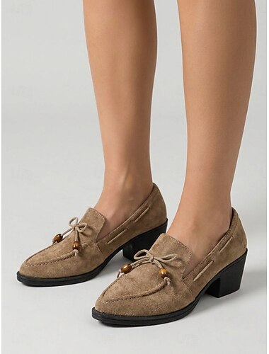  Khaki damesloafers met blokhak - instapschoenen van imitatie suède met strik. &kralen voor dagelijks gebruik, bijvoorbeeld voor woon-werkverkeer of op straat. &plattelandskleding