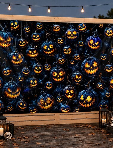  Tapisserie murale d'Halloween, motif citrouille, tissu orange et noir sans couture, fond à suspendre, décoration murale, bannière