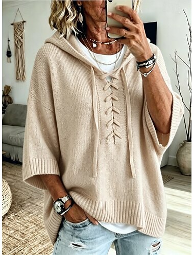 Damen-Strickhoodie, lässiger Pullover mit 3/4-Ärmeln, Schnürung und Kapuze für den Herbst