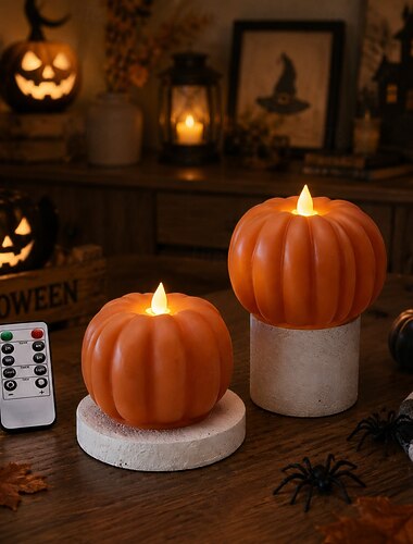  Lot de 2 bougies LED sans flamme en forme de citrouille pour Halloween, avec télécommande et minuterie. &Veilleuses décoratives à luminosité réglable, fonctionnant avec des piles AAA, pour chambre,