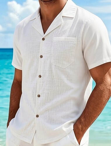  Herren Hemd Leinenhemd Sommerhemd Strandhemd Knopfhemd Einfarbig Lässig Outdoor Weiß Schwarz Marineblau Khaki Kurzarm Umlegekragen Frühling & Sommer Bekleidung Tasche
