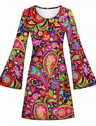  Retro / vintage Hipisowskie 1970 Sukienka Rozkloszowany mankiet Hipisowskie 3D Strój na bal maskowy Damskie Halloween Karnawał Bal maskowy Urlop Festiwal Muzyczny Na co dzień Dla dorosłych Sukienka