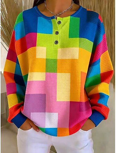  Per donna Giacche strutturate Felpa Pullover Felpe con cappuccio Geometrico Essenziale Casual Stampa Manica Lunga Girocollo Top Regolari Casuale Streetwear Abbigliamento Quotidiano Arcobaleno