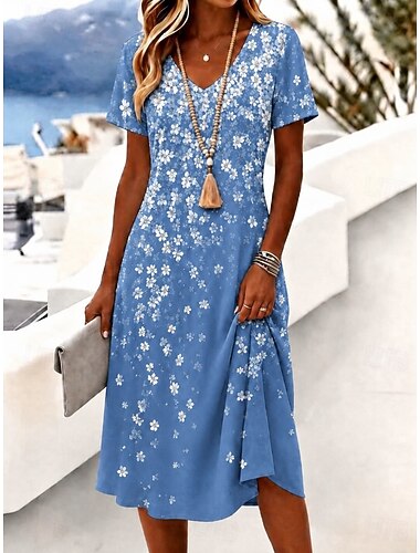  Dame Midikjole T shirt kjole A Linje Kjole Ferie Afslappet Boheme Strand Regulær Blomstret Grafisk Kortærmet V-hals Blå Lysegrøn Lyserød Lys Lilla Sommer Forår
