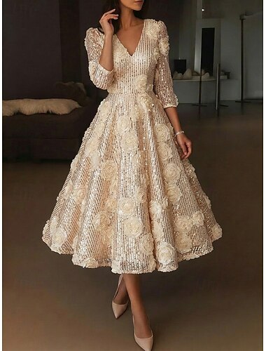  A-Linie Tee-Länge Cocktailkleider Elegant luxuriös Glitzern Dreiviertelarm V Ausschnitt Hochzeit Formell Spitze Paillettenbesetzt mit 3D-Blumen Paillette