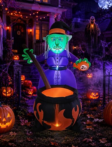  Sorcière gonflable d'Halloween de 1,80 m avec chaudron lumineux, décoration de jardin avec éclairage LED, sorcière gonflable préparant une potion pour une décoration de fête intérieure ou extérieure