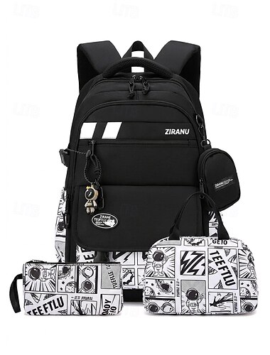  Rugzakset voor jongens met graffiti-print, 3-delig, veelkleurige waterdichte polyester schooltas met grote capaciteit en meerdere compartimenten, inclusief lunchtas en etui. &Trolleyhoes voor de