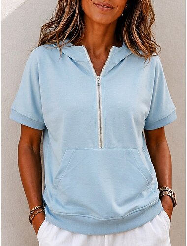  Dames Hoodies Lapwerk Zak Kwart ritssluiting Effen Kleur Casual Korte mouw Capuchon Casual blauw Wit Sky grijs Zwart Blozend Roze Zomer Lente