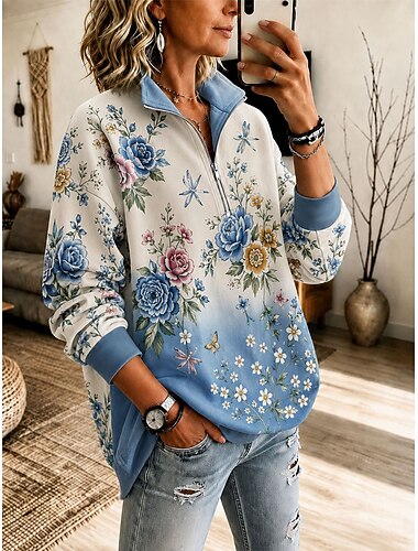  Dam Pullover-tröja Halv dragkedja Blommig Grafisk Julgran Vintage Ledigt Tryck Långärmad Halv dragkedja Vanliga toppar Ledigt Hem Arbete Blå Vit Rodnande Rosa Rubinrött Vår Höst Vinter