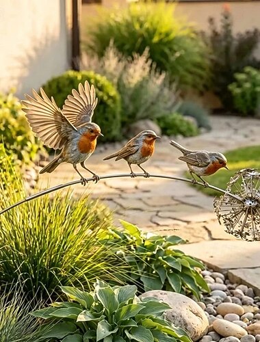  Metalen tuinpaal met vogelmotief, sculptuur van 3 levensechte roodborstjes op een paardenbloem, decoratief tuinornament voor gazon, terras en achtertuin. &Bloemperk, tuindecoratie, cadeau voor