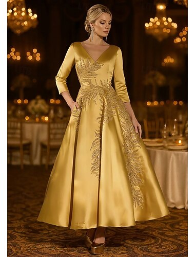  A-Linie Knöchellänge Abendkleid Cocktailkleider Elegant Vintage luxuriös Dreiviertelarm V Ausschnitt Hochzeit Formell Satin mit Perlenbesetzt Paillette Applikationen
