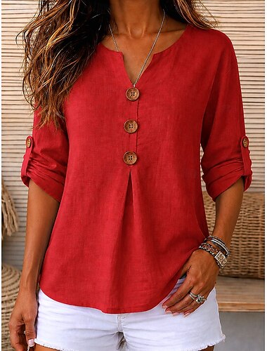  Femmes Chemise en lin Chemisier Couleur Unie ancien Élégant Classique manche longue Henri Collar Hauts Réguliers Occasionnel Quotidien Rouge Été Printemps