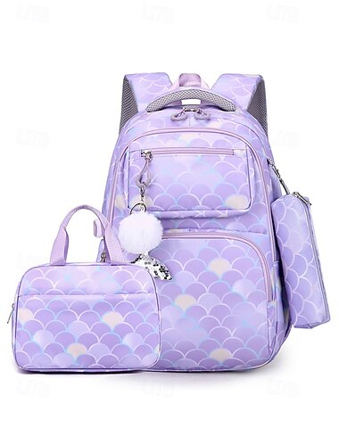 Set di zaino per bambine con motivo a squame di pesce e sirena, multicolore, composto da 3 pezzi in poliestere impermeabile con borsa per il pranzo. &Astuccio, zaino multi-scomparto di grande capacità