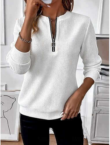  Damen-Waffel-Hoodie mit Reißverschluss, schlicht, elegant, modern, langärmelig, hoher Kragen, reguläre Passform, lässig, für Arbeit, Frühling, Herbst, Winter