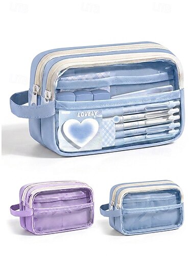  blauw  &Paars etui voor studenten, gemaakt van polyester en pvc met dubbele ritssluiting, een grote, transparante opbergtas voor schoolspullen, voor de start van het schooljaar, de lessen en examens.