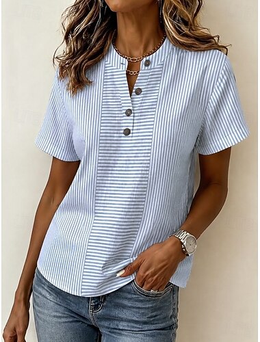 Dames Blouse Grafisch Geometrisch Elegant Vakantie Vintage Korte mouw Henry Collar Lange tops Casual blauw Zwart Blozend Roze Groen Zomer Lente