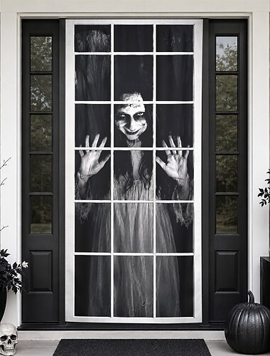  Cubierta de puerta de Halloween, pancarta de ventana de mujer espeluznante, ilusión 3D, fantasma aterrador, fondo de puerta principal para porche, entrada, decoración de fiesta de casa embrujada