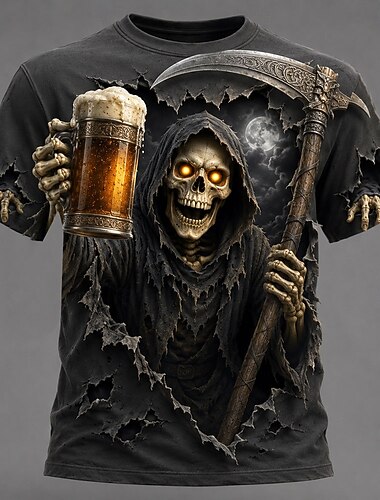  Halloween Herren Totenkopf Oktoberfest Bier T-Shirt Kurzarm T-Shirt 3D Druck Rundhalsshirt Dunkel Freizeit Alltag Straße Schwarz Khaki Grau Sommer Frühling Kleidung Apparel S M L XL 2XL 3XL