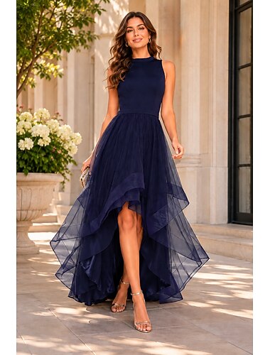  A-Lijn Prom Jurken Elegante Jurk Prom Asymmetrisch Mouwloos Sieraad Hals Herfst Bruiloft Gast met Plooien Jurken