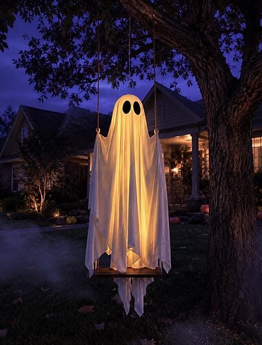 Décorations d'Halloween extérieures : grande balançoire fantôme suspendue avec guirlande lumineuse télécommandée et draps de qualité supérieure, décorations effrayantes pour une fête d'Halloween en