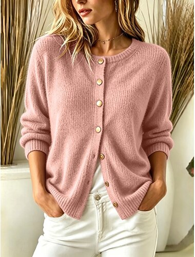  Women's Cardigan Sweater Elegant Daily Work Crew Neck Buttons Long Sleeve Long Tops Knit Daily Home Holiday Blue Khaki Fall Winter