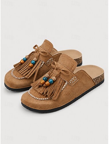  Sabots-mules bohèmes camel pour femme, coupe large, ornés d'un nœud papillon, de franges et de perles à pompons. Chaussures confortables à enfiler, idéales pour les pieds larges, les voyages, la