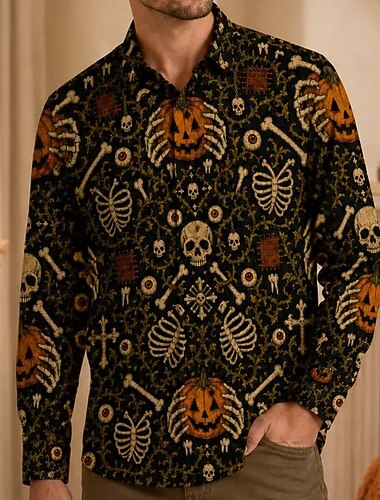  Halloween Chemise boutonnée Crâne Potiron Gothique Rétro Vintage street style Manches longues Graphique pour Homme Adulte Impression 3D  pour Halloween Carnaval Soirée Décontracté Quotidien