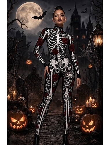  Halloween combinaison Combinaison Costume grenouillère Crâne de sucre squelette complet Squelette Fermeture Eclair Dorsale Impression Gothique Fantasmagorique Unisexe Costume pour Club Soirée