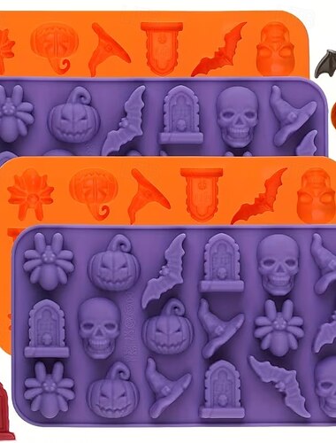  2/4 st silikonformar för halloween-godis, halloween-silikonchokladform, skalle-, pumpa-, fladdermus-, spök-, häxhatt-, spindel-, gravstensformar, lämplig för godis, choklad, gelé, multifunktionell
