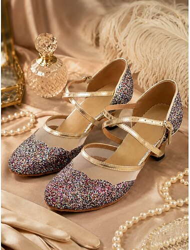  Dames gouden glitter dansschoenen - retro sandalen met uitlopende hak en mesh bandjes in de stijl van de jaren 20, geïnspireerd op The Great Gatsby, voor flapper-kostuums en avondfeesten.