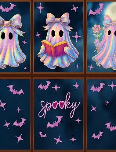  6 Bögen Halloween-Fensteraufkleber, niedliche pastellfarbene Geister-Aufkleber zum statischen Haften für Glas, abnehmbare doppelseitige Fensteraufkleber, gruselige Fledermaus-Dekorationen für Zuhause,