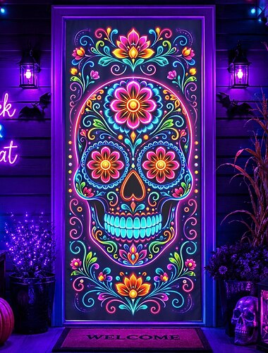  halloweeni ajtótakaró fekete fényű UV reaktív cukorkoponya ajtóra banner neon virágos halottak napja bejárati ajtó hátteret verandára bejárat halloween party dekoráció
